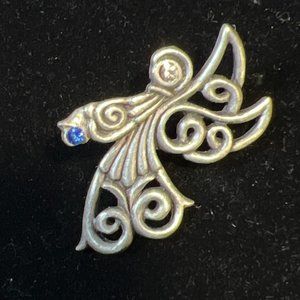 Gloria Duchin Pewter Angel Lapel Pin With Blue Rhinestone Signed (4095)